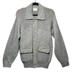 Vintage Sears Mens Sportswear‎ Grey Knit Cardigan Sweater Size M Collar Pockets